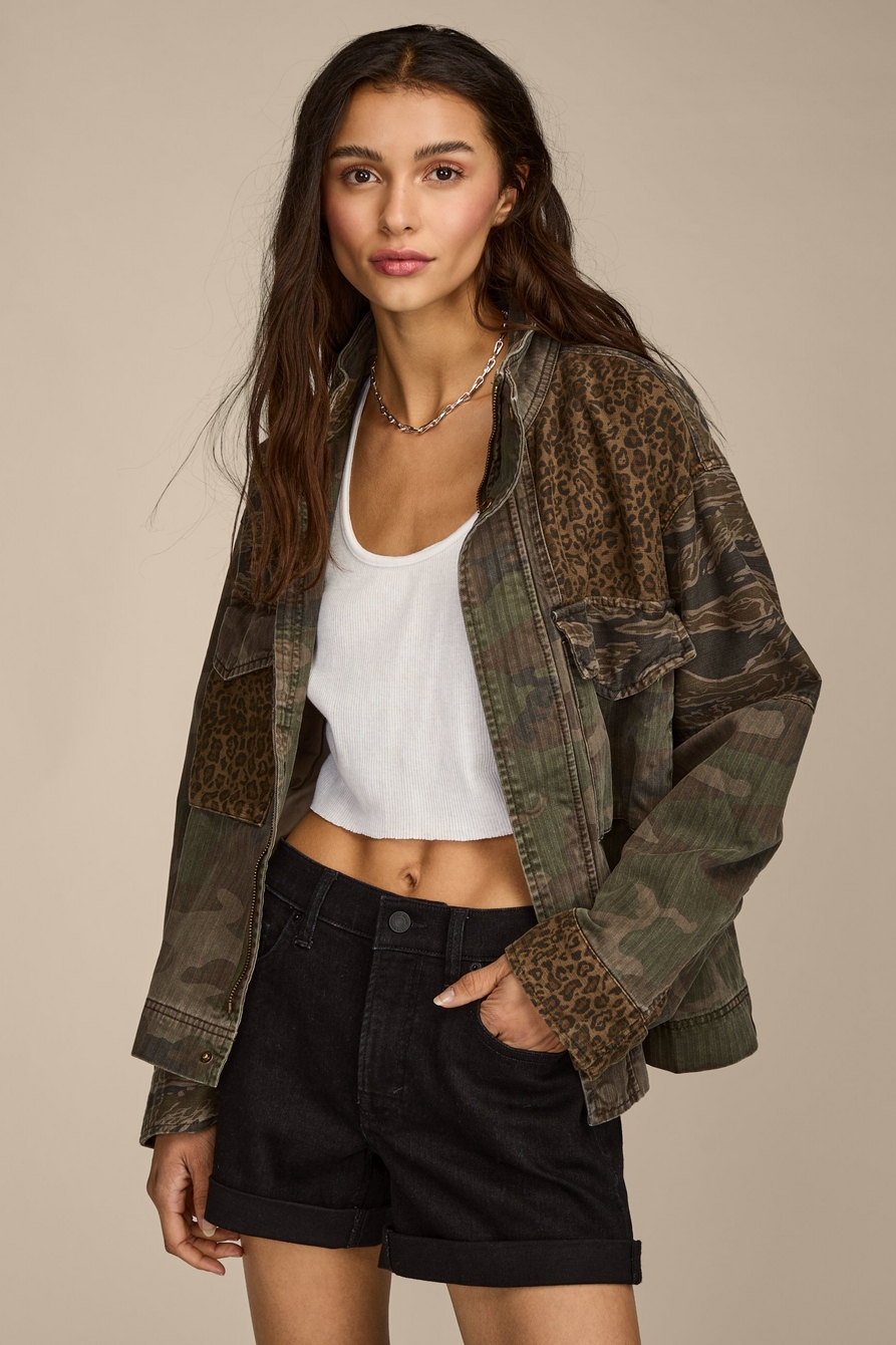 patchwork camo cropped jacket